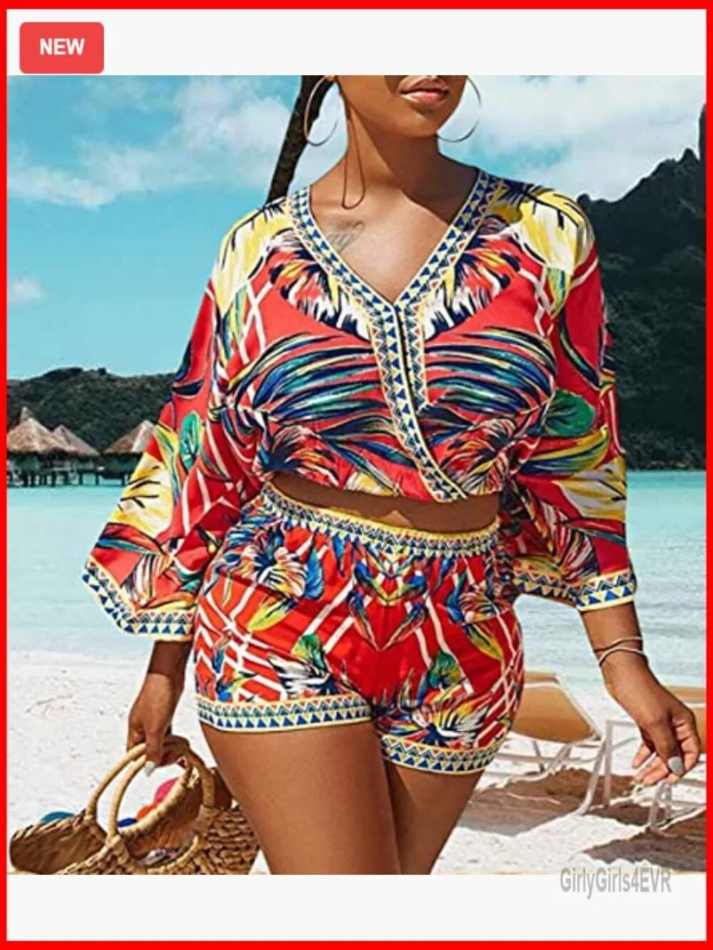 Women's Floral Print 2 Piece Outfit Short Sleeve Top and Shorts Casual Beach Set